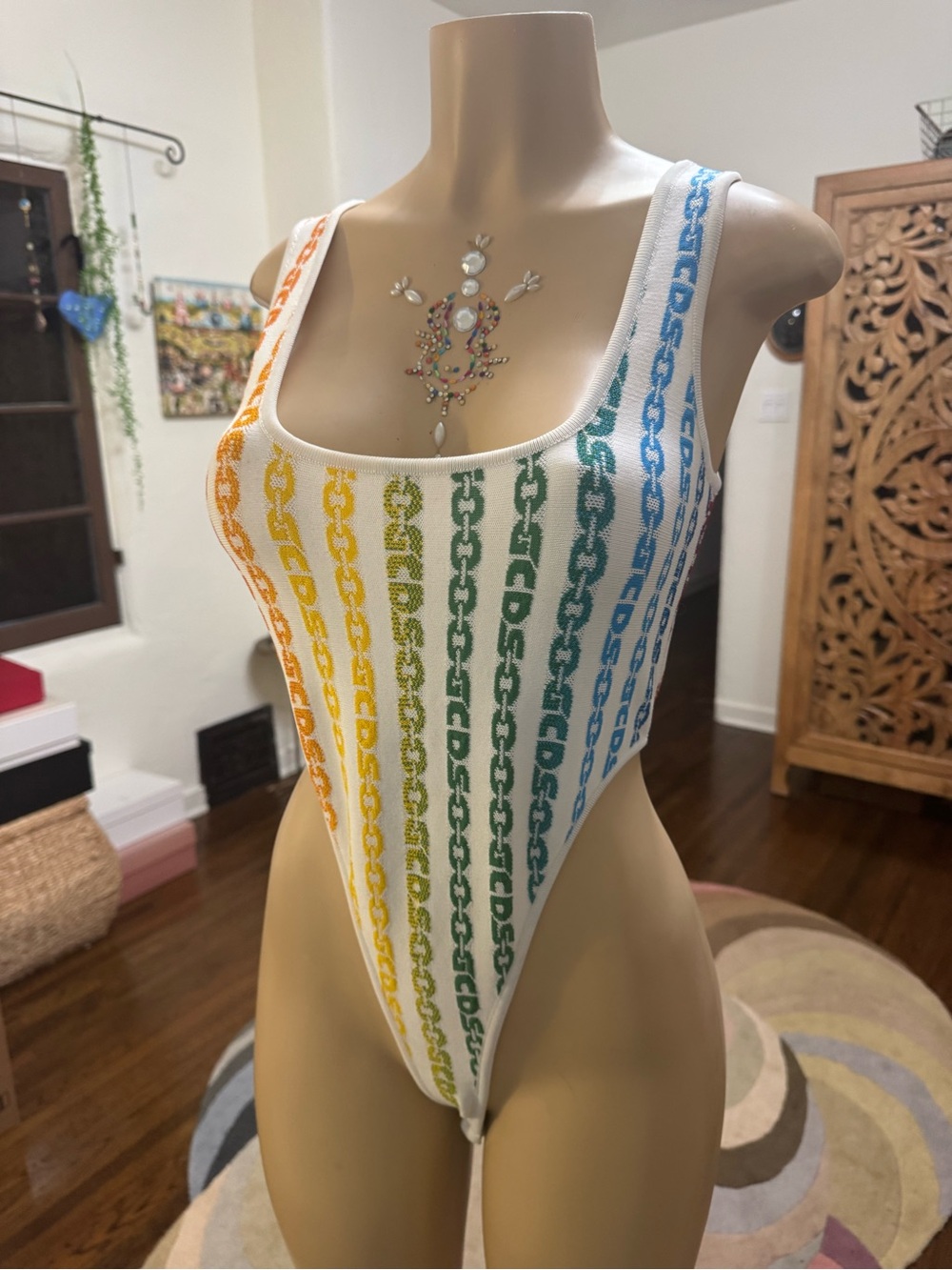 GCDS Rainbow High Cut Knit Bodysuit size L NWOT